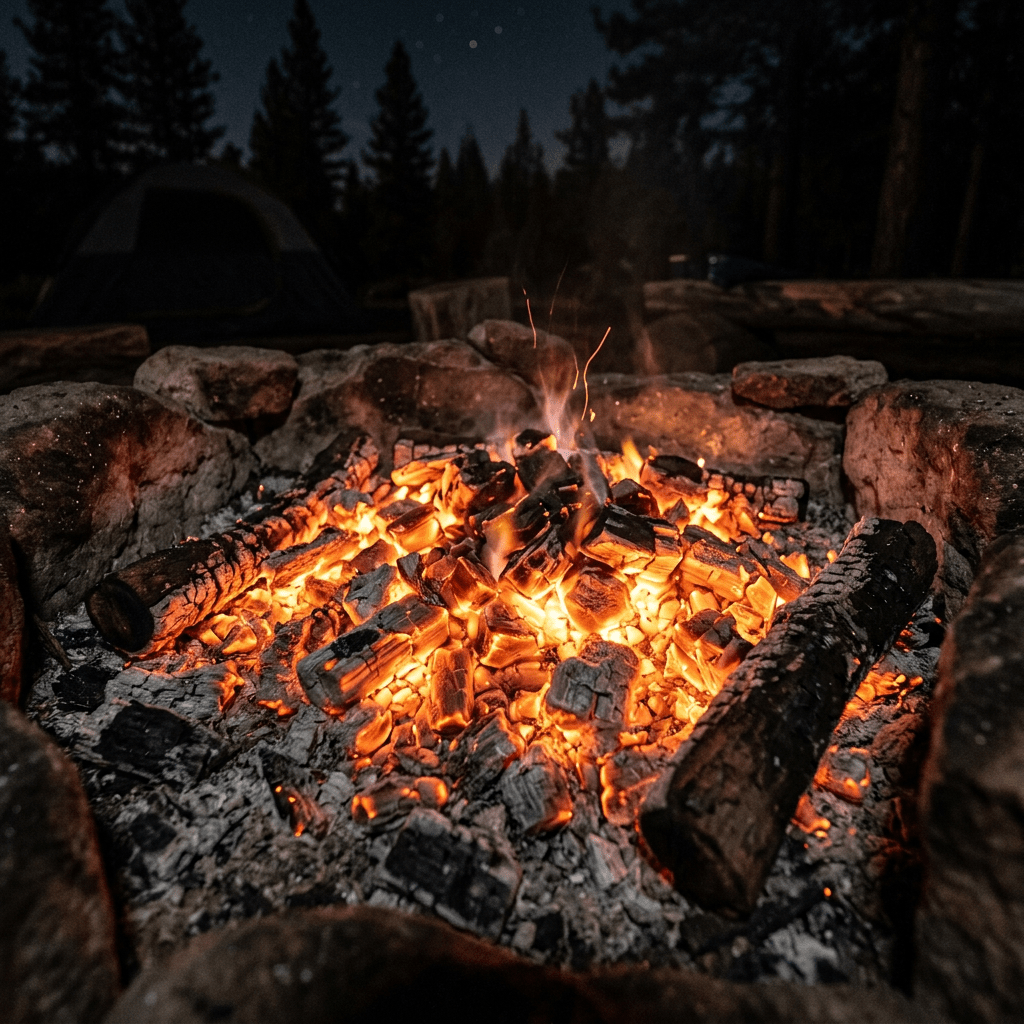 Campfire burning with glowing embers and logs surrounded by stones at night