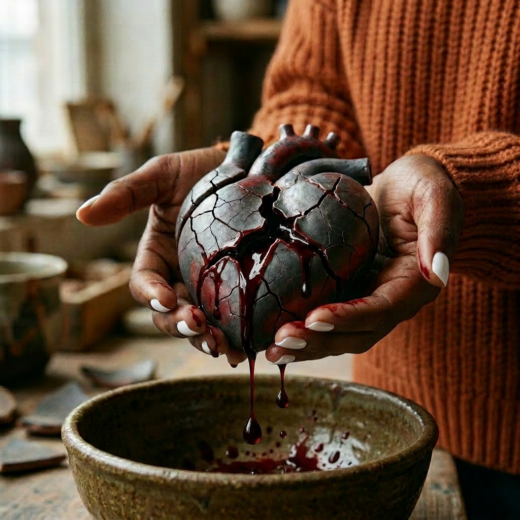 Cracked heart sculpture dripping red liquid held over a ceramic bowl