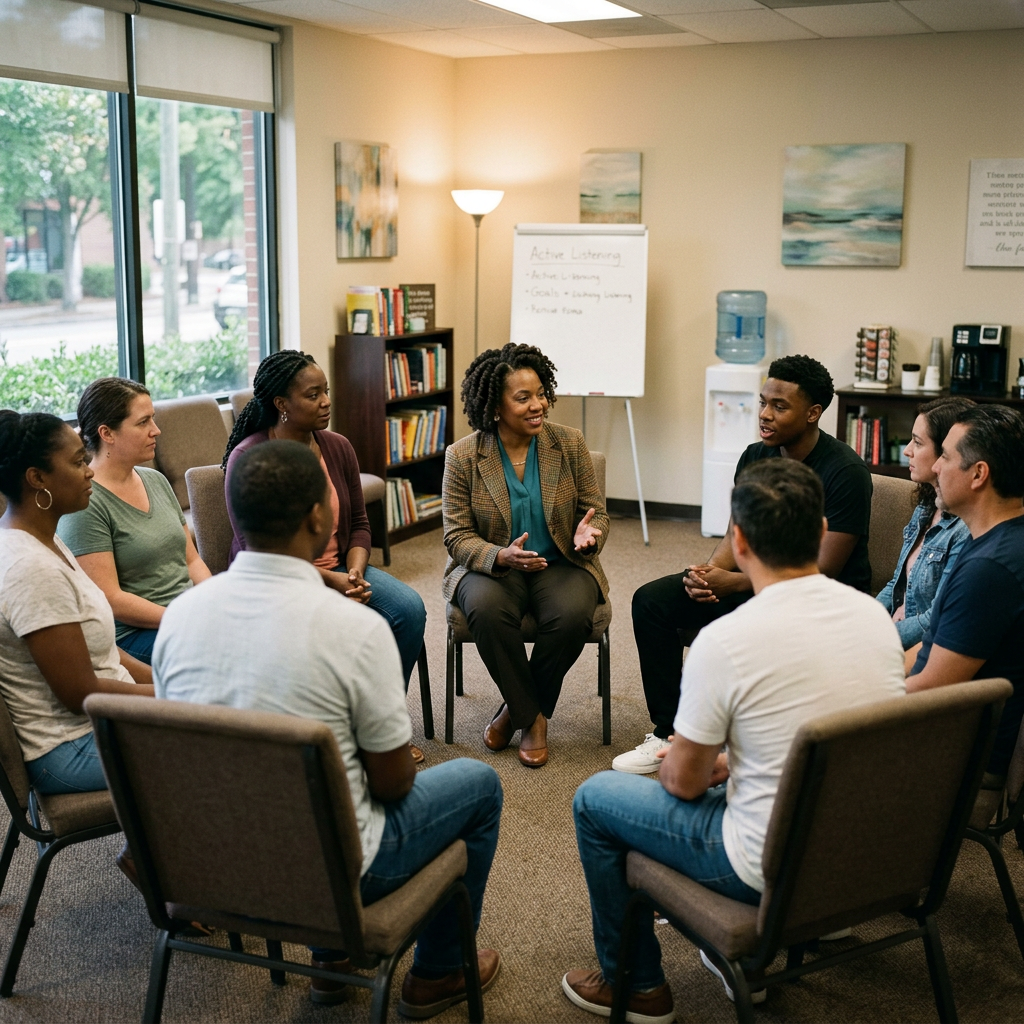 Black therapist leading group session with clients