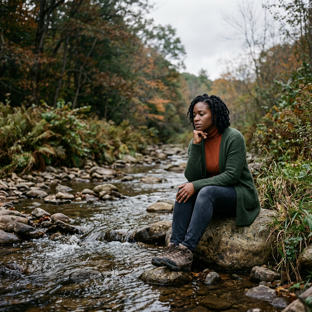 Woman sitting on a rock by a creek surrounded by autumn trees and plants