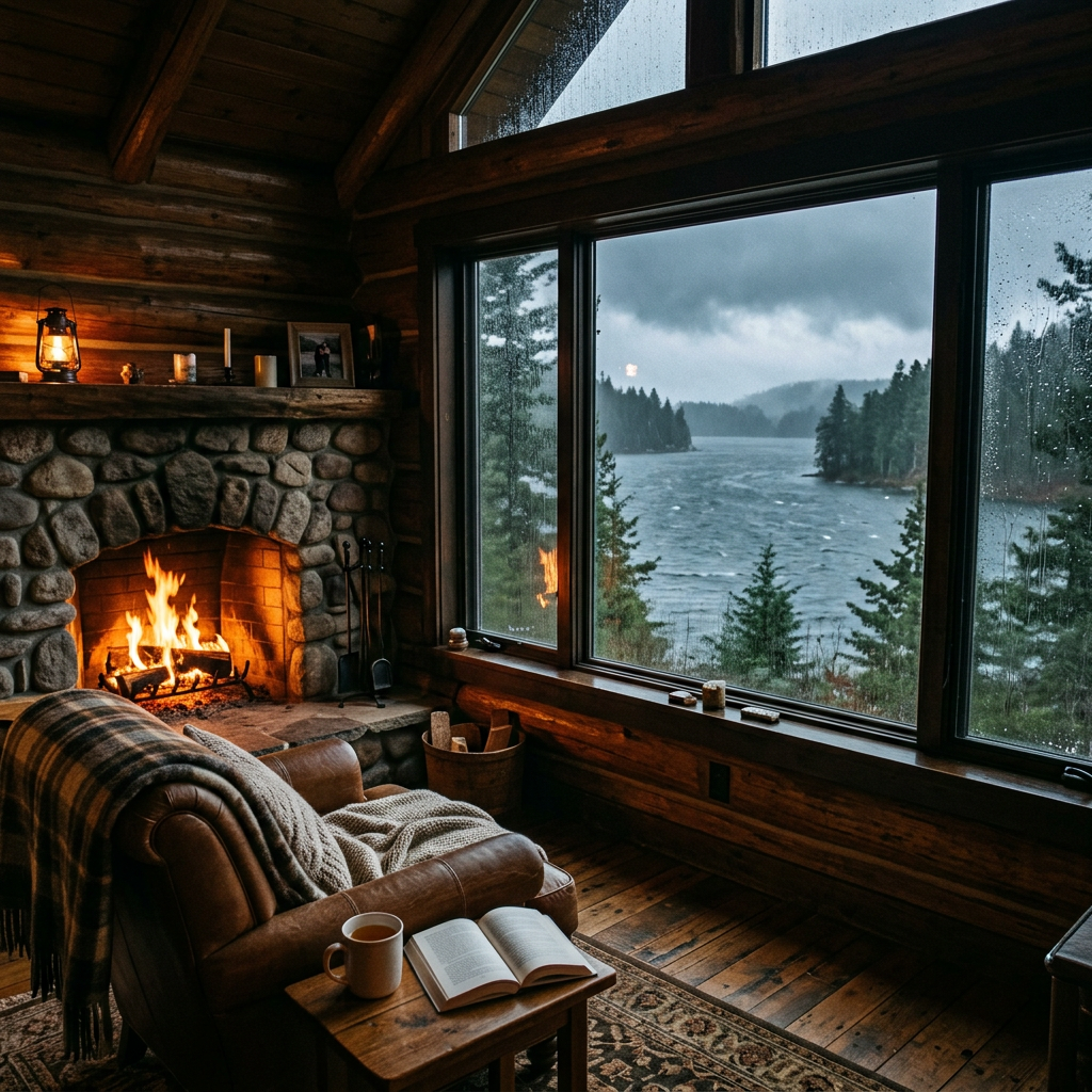 Cozy cabin interior with stone fireplace, armchair, open book, and rainy window overlooking lake
