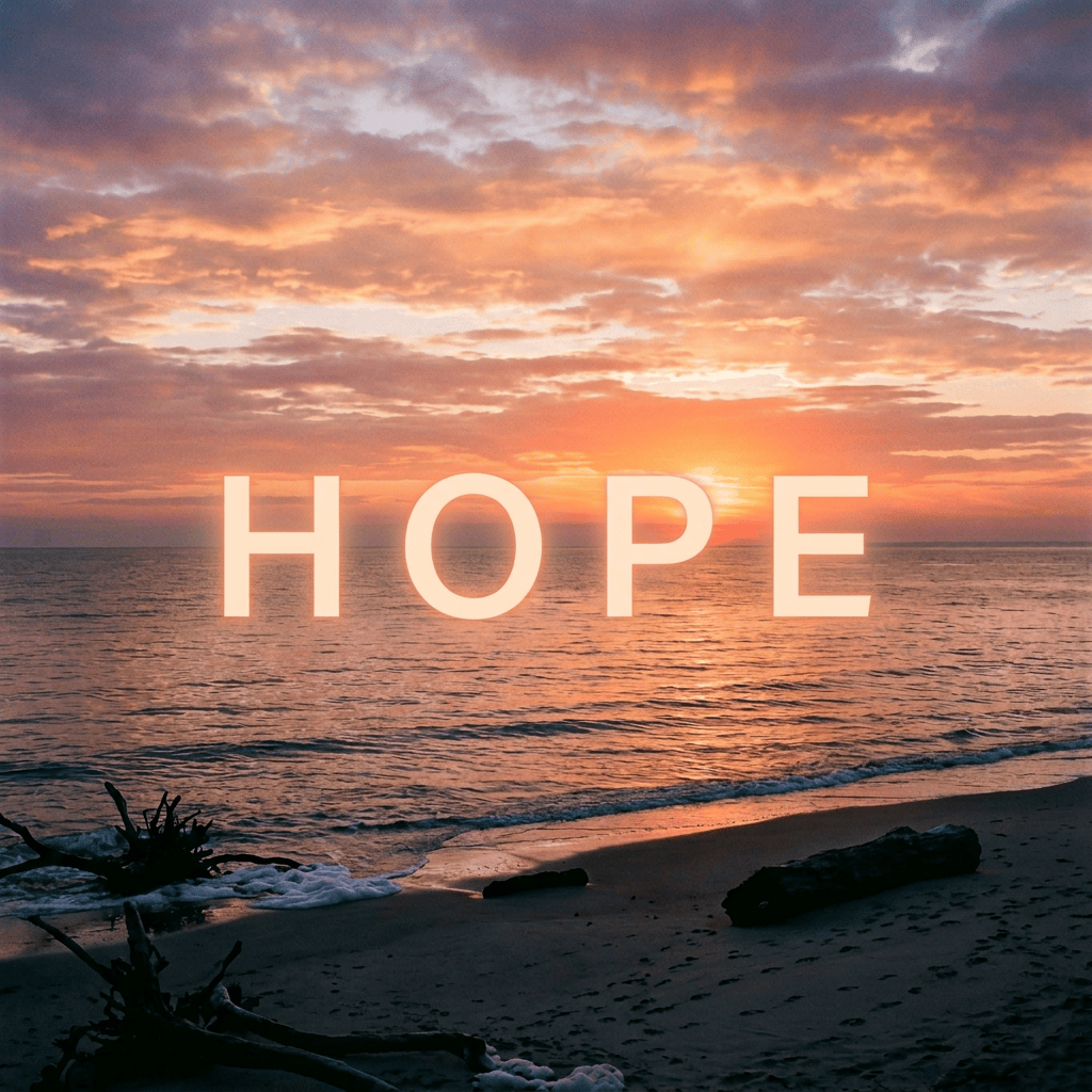 Sunset over the ocean with glowing text reading “HOPE”